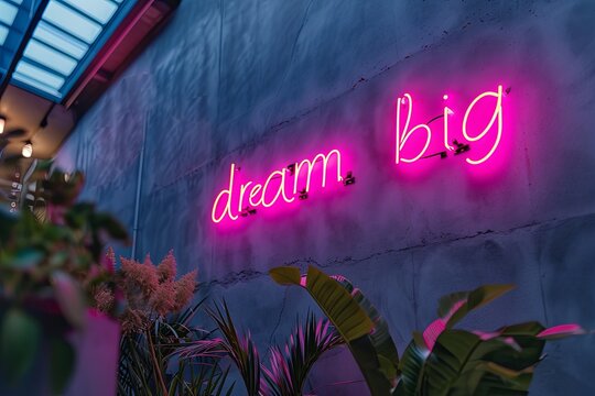pink DREAM BIG  glowing neon sign interior decoration on the wall in grunge loft office  space 