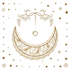 Golden crescent moon temporary tattoo. Ethnic style vector graphic.