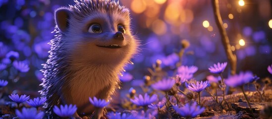 A terrestrial animal, the hedgehog, is amidst a field of purple flowers. Its fuzzy fawn fur blends with the electric blue blooms as it sniffs the air with its whiskers