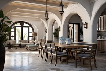 Fototapeta na wymiar Art Deco Villa: Mediterranean Dining Room Ideas with Concrete Floor