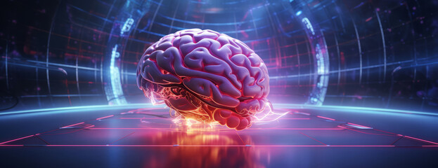 Futuristic neon brain concept in digital cyber space environment