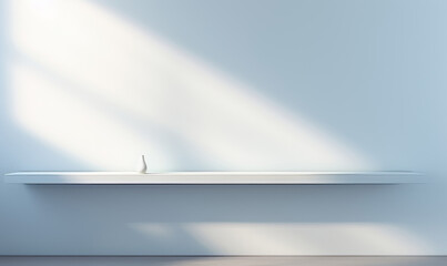 Minimalist white shelf with single decorative object in sunlit room
