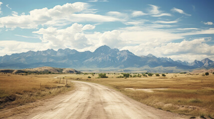Fototapeta na wymiar Scenic dirt road leading towards majestic mountains under a blue sky with clouds