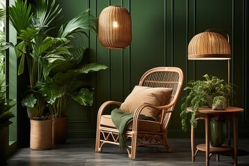 Rattan Chair and Pendant Light Adorned Villa Style Green Wall Living Room