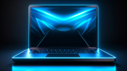 Futuristic laptop with blue neon light illumination on dark background