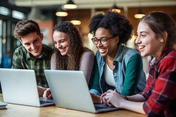 Fototapeta premium Diverse group of happy young adults working on laptops together