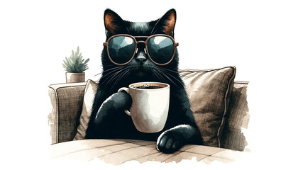 black cat drinks a coffee