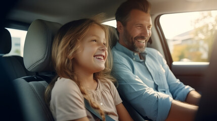 Joyful father and daughter sharing a laugh during a car ride on a sunny day