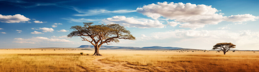 Serene African savannah landscape with iconic acacia trees under a blue sky