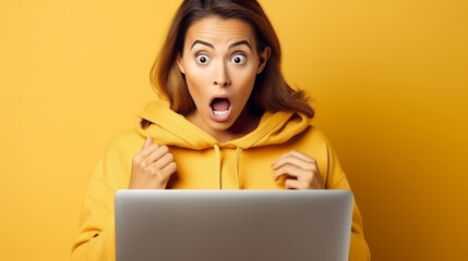 Surprised young woman in yellow hoodie reacting to content on her laptop - obrazy, fototapety, plakaty