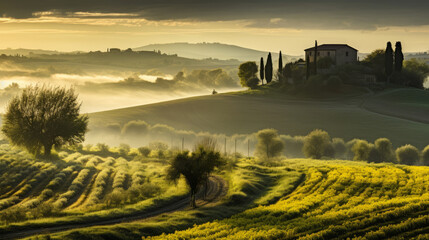 Serene Tuscan landscape at sunrise with rolling hills and mist