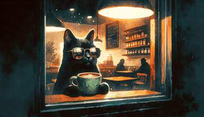 black cat in midnight cafe