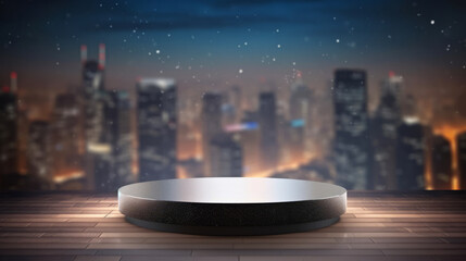 Modern presentation podium with city skyline backdrop at night