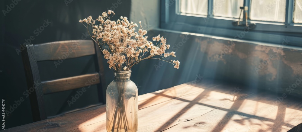 Poster Beautiful vase of colorful flowers on rustic wooden table in cozy home setting