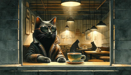 black cat in midnight cafe