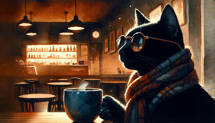 black cat in midnight cafe