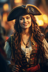 Smiling woman dressed as a pirate with golden earrings and a tricorn hat