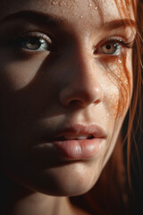 Close-up portrait of a young woman with dewy skin in natural light