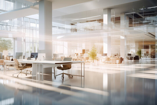 Modern office interior with sunlight casting reflections