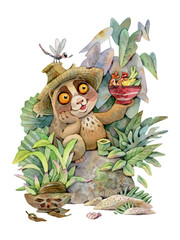 Watercolor illustration with cute Slow loris and Tom Yum soup.