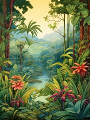 Fototapeta na wymiar Nouveau Jungle: Vintage-inspired Art Nouveau Prints of Rainforest & Tropical Beach Landscape