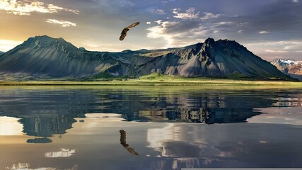 a large body of water with a bird flying in the background