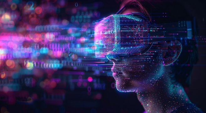 Man wearing Virtual Reality Helmet. VR gaming, cyberspace, cybersecurity, global information concept. Futuristic Cyber Reality with human