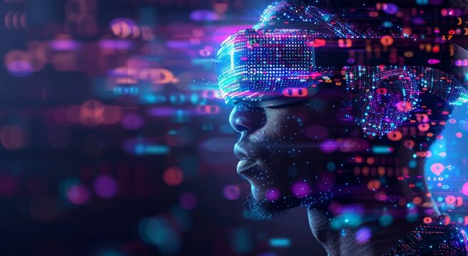 Man wearing Virtual Reality Helmet. VR gaming, cyberspace, cybersecurity, global information concept. Futuristic Cyber Reality with human