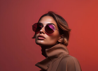 Fashion model in trendy sunglasses and terracotta jacket.