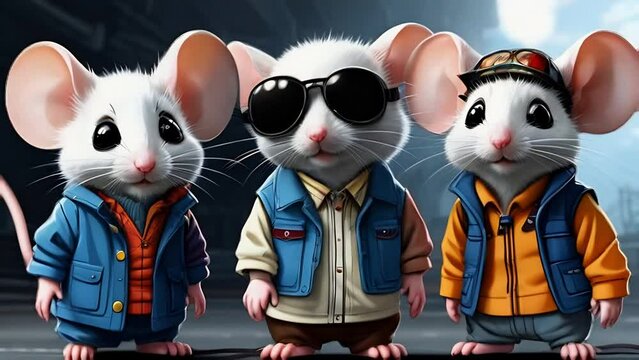 gang mice in city. three mice in clothes are standing on urban street.