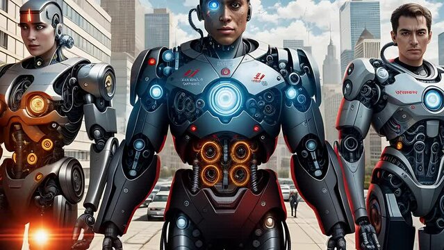 team of cyborg robots on the streets of the city. close-up. generative AI.