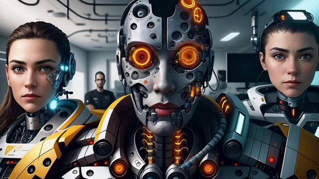 portrait of a team of cyborg robots in a technical laboratory. close-up. generative AI.