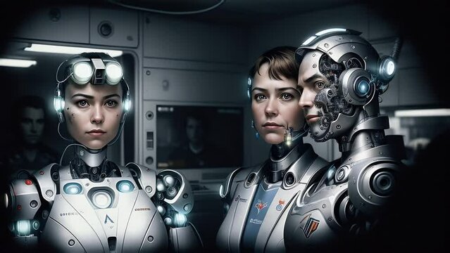team of cyborg robots in a technical laboratory. close up. generative AI.