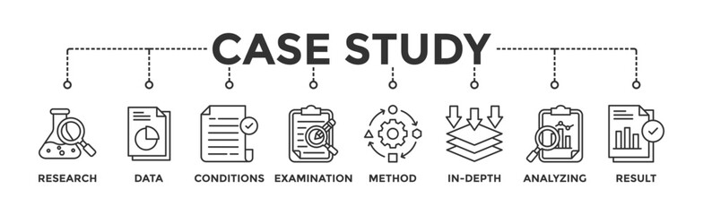 Case study banner web icon illustration concept with icon of research, data, conditions, examination, method, in-depth, analyzing, and result