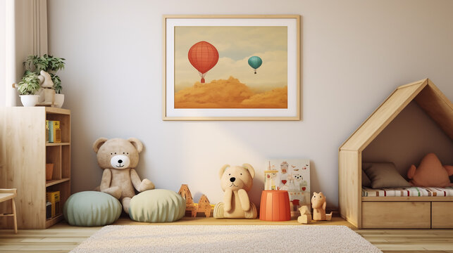 Children's room with a window and a picture background