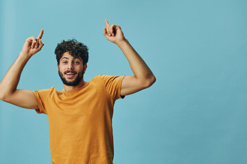 Expression man guy portrait caucasian young gesture pointing background showing happy adult face...
