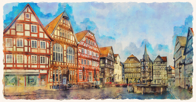 The picturesque medieval city of Fritzlar, Hessen, Germany. Half-timbered houses on the square in the central part of the city. Watercolor painting.