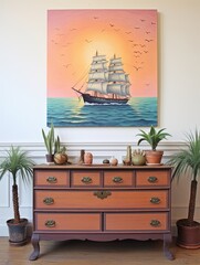 Obraz premium Vintage Horizon: Nautical Sunset Seaside Art - Vintage-Inspired Sunset Painting