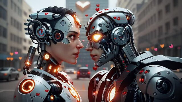 two cyborg robots in love look at each other lovingly while standing on busy city street.