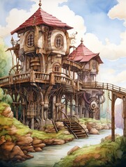 �Whimsical Watercolor Gears: Steampunk Aquarelle Landscape Mechanics�