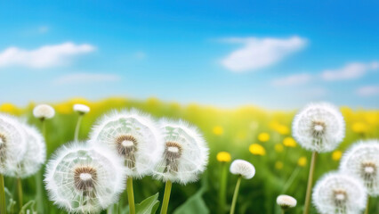 White dandelion flowers on green meadow and blue sky background