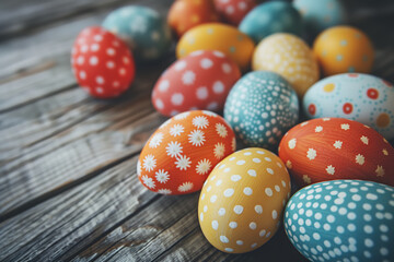 Colorful Easter eggs on wooden desk. Seasonal background for holiday card design, vintage style