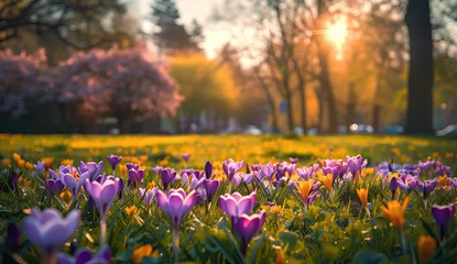 Foto op Plexiglas Beautiful crocus flowers growing in the spring park. Seasonal sunny Easter background. © Roxana
