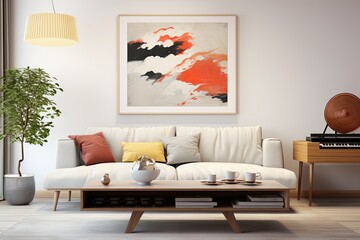 Contemporary White Sofa Mid-century Room with Art Poster and Coffee Table