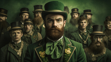 Portrait of a man in a leprechaun costume standing in front of his friends.