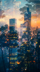 A double exposure photograph combining the vibrant urban skyline at twilight, with its myriad of lights and towering skyscrapers, overlaid with the tranquil silhouette of a dense forest