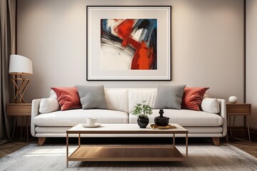 Contemporary Coffee Table, White Sofa Mid-century Room Art Poster on Wall
