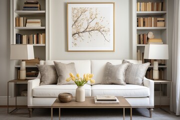 White Sofa Mid-century Room: Classic Bookcase, Twig Arrangements, Frame Accents Harmony