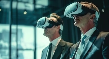Business professional exploring new horizons with VR headset modern depiction of virtual reality technology in corporate world showcasing businessman fully immersed in digital simulation
