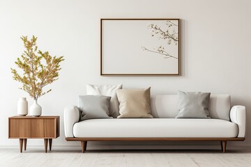Mid-century White Sofa Room: Laminate Flooring, Wooden Coffee Table, Vase Elements